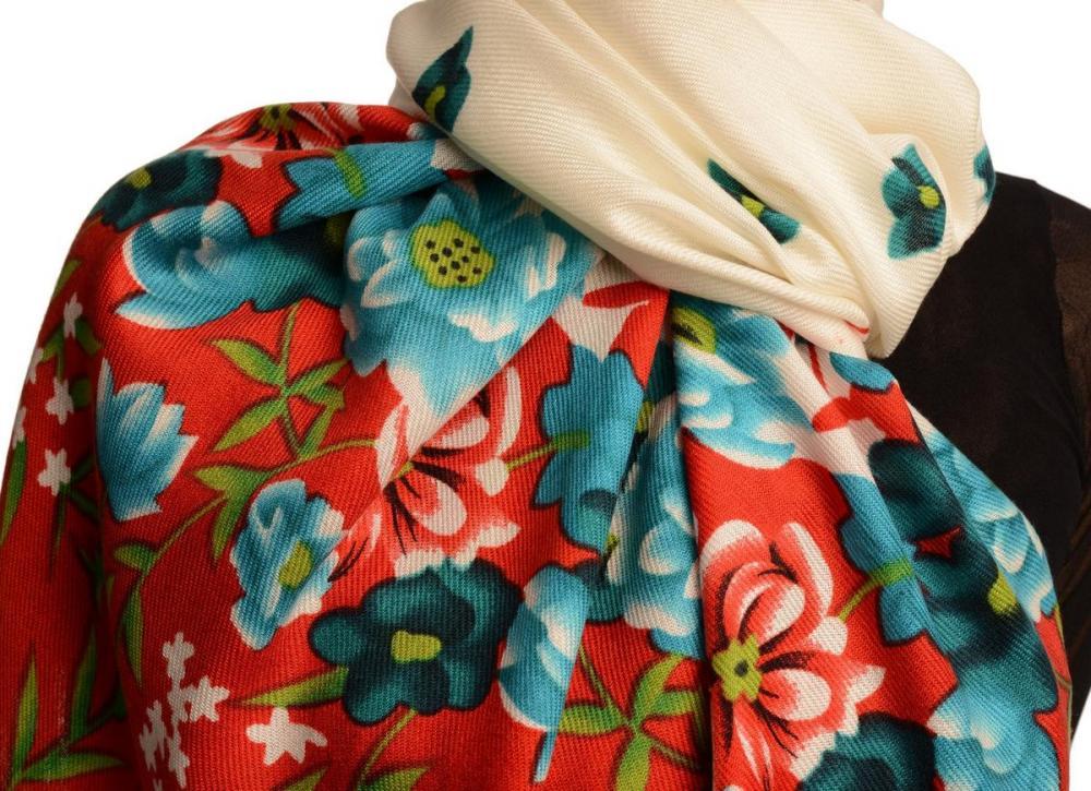 Liss Kiss Blue Spring Flowers On White Pashmina Feel With Tassels - Scarf