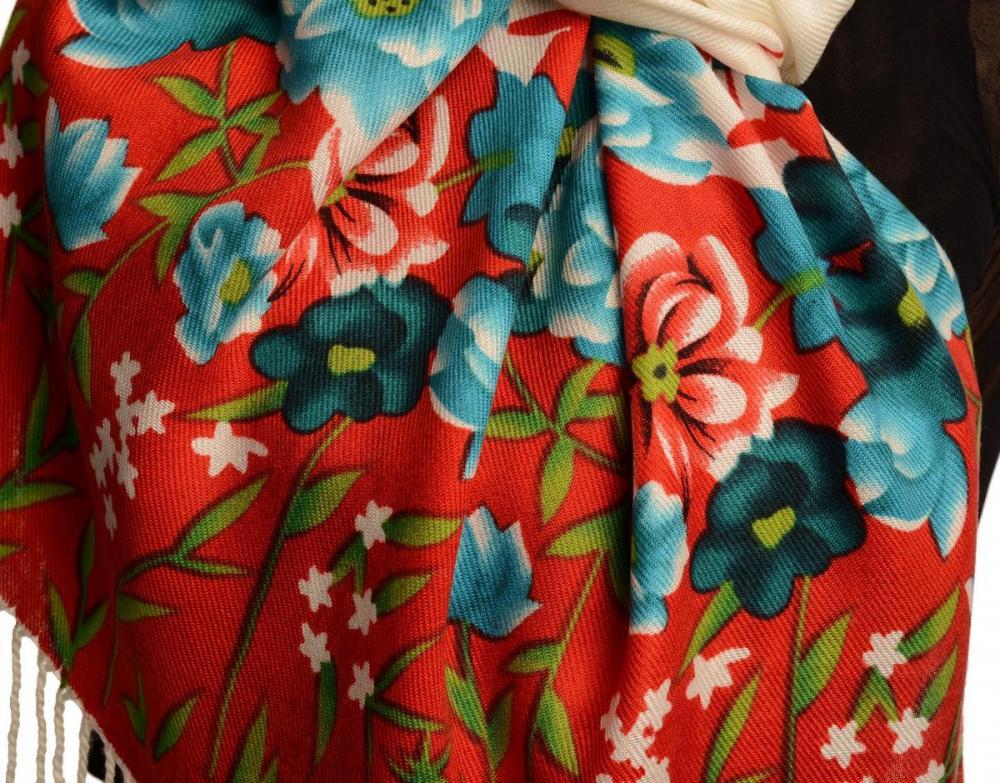 Liss Kiss Blue Spring Flowers On White Pashmina Feel With Tassels - Scarf