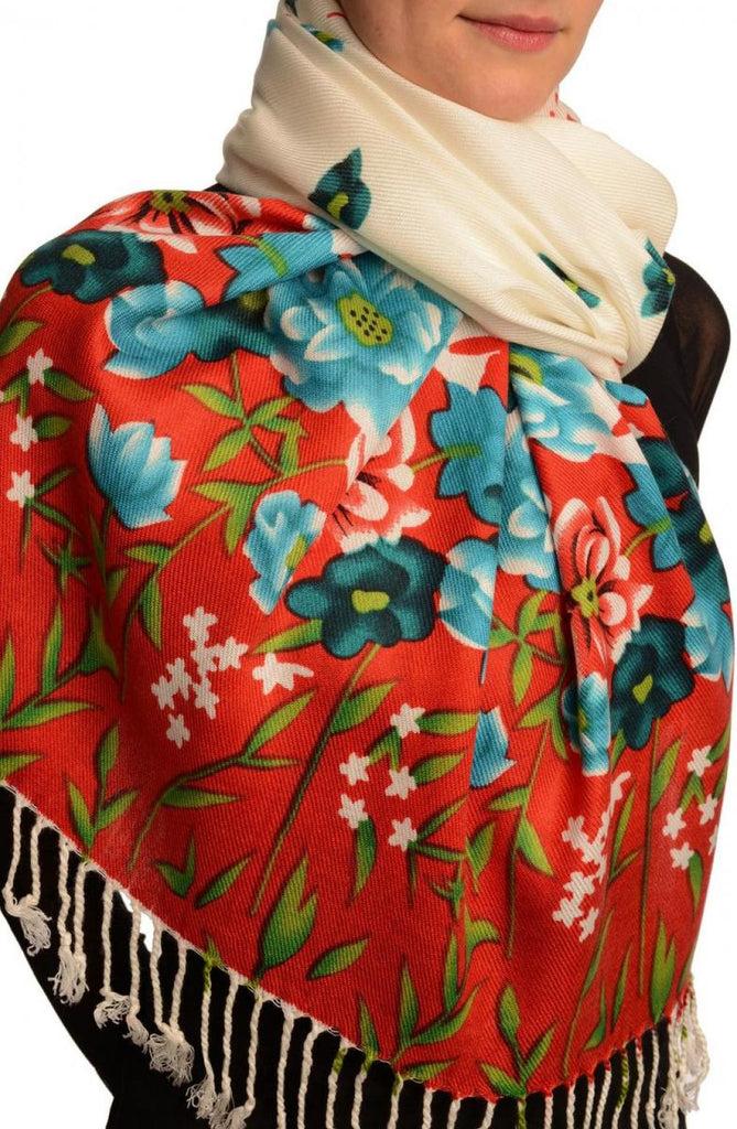 Liss Kiss Blue Spring Flowers On White Pashmina Feel With Tassels - Scarf