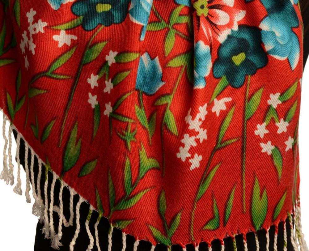 Liss Kiss Blue Spring Flowers On White Pashmina Feel With Tassels - Scarf