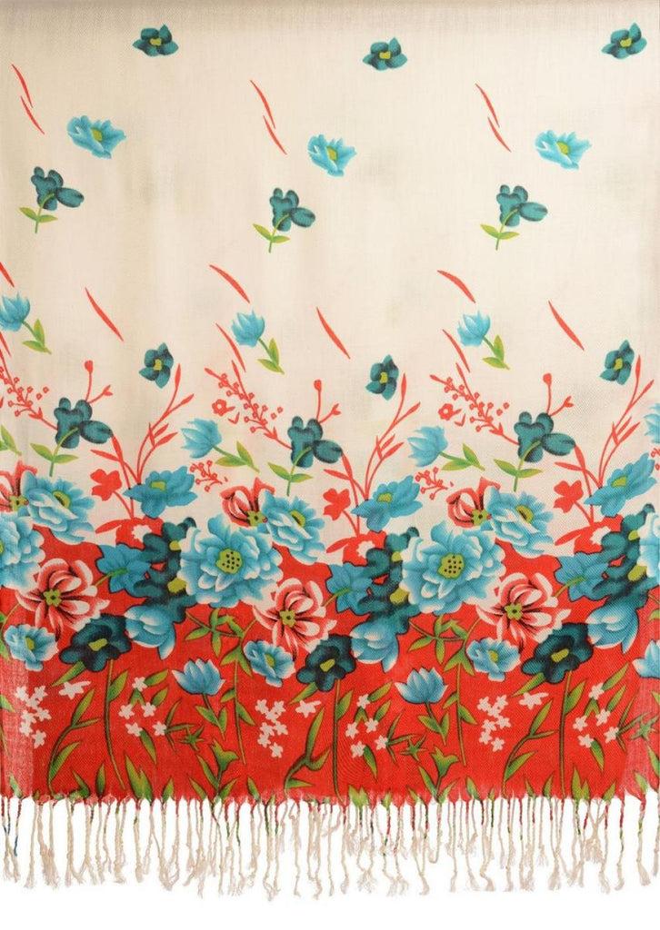 Liss Kiss Blue Spring Flowers On White Pashmina Feel With Tassels - Scarf