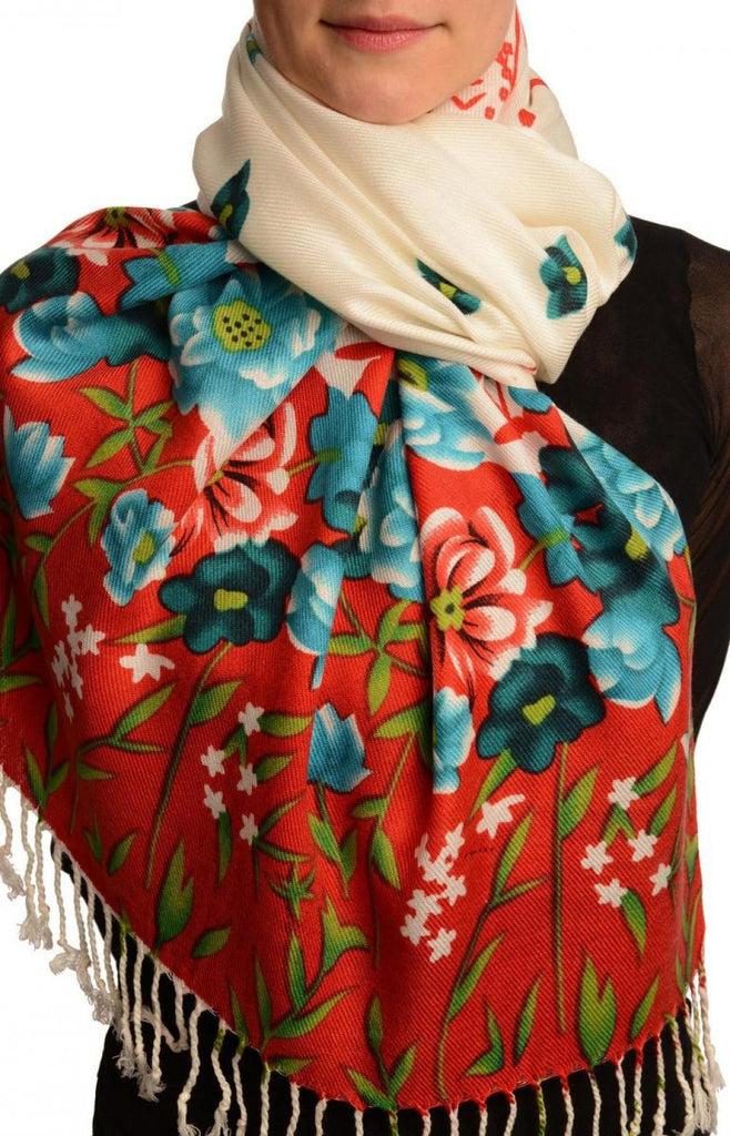liss kiss Blue Spring Flowers On White Pashmina Feel With Tassels - Scarf