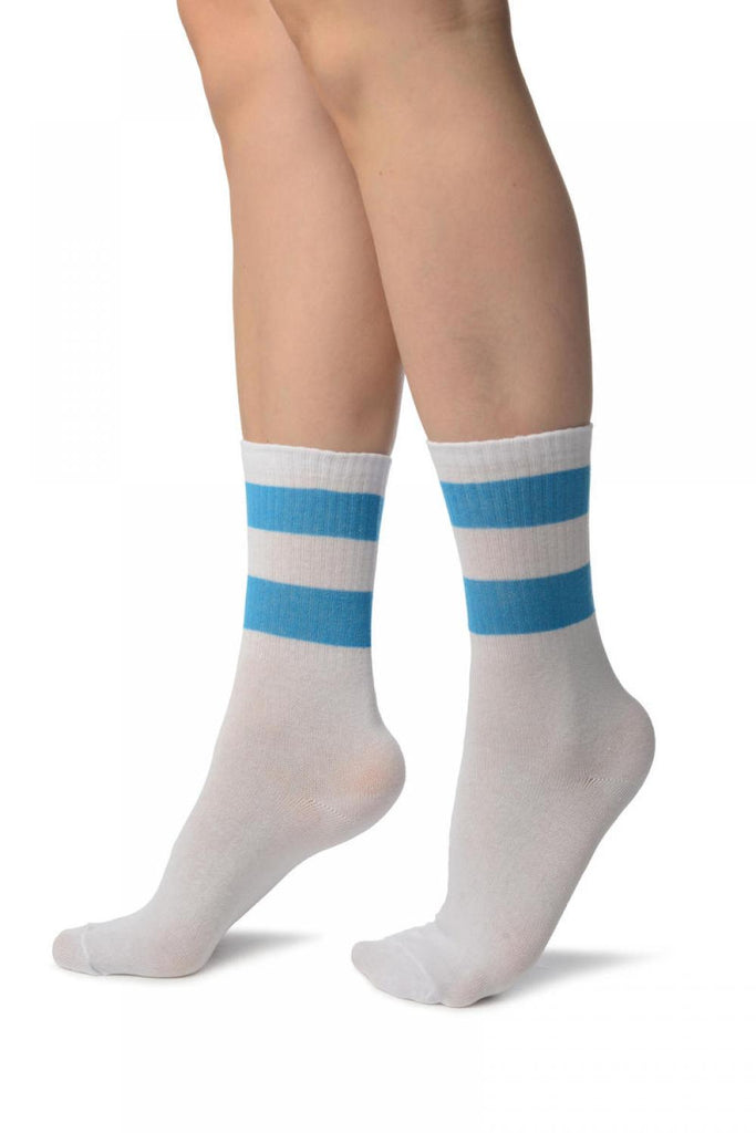 Liss Kiss Blue Stripes On White (Referee) Ankle High Socks - Socks