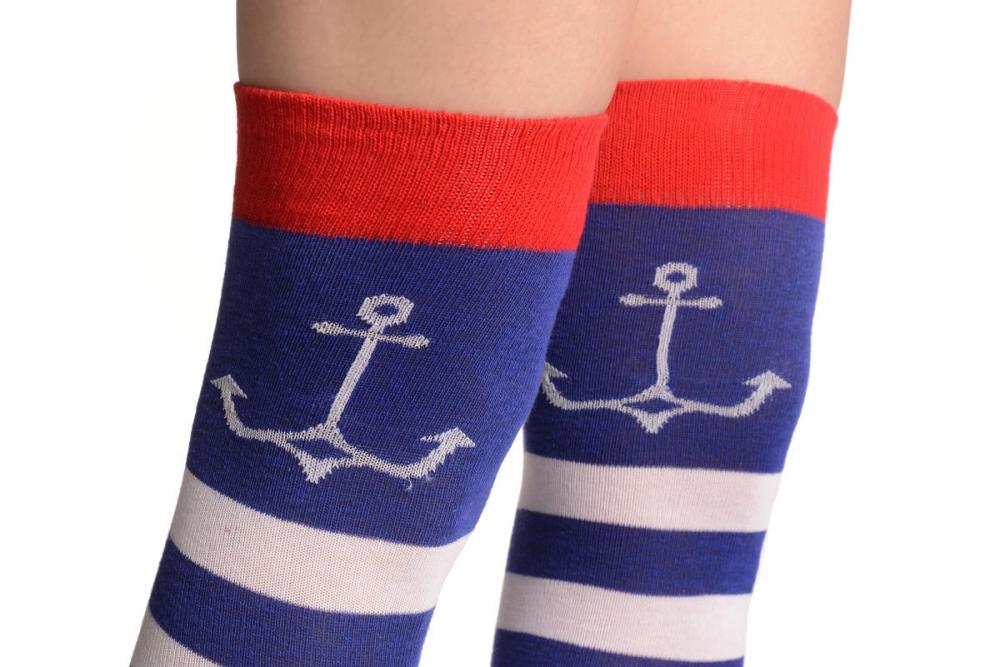 Liss Kiss Blue & White Stripes And Anchor - Over The Knee Socks