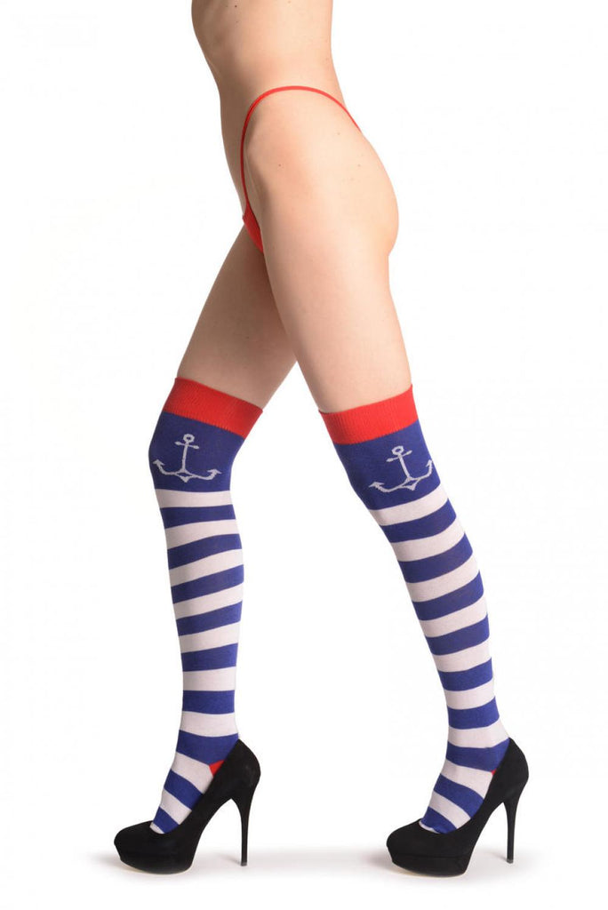 liss kiss Blue & White Stripes And Anchor - Over The Knee Socks