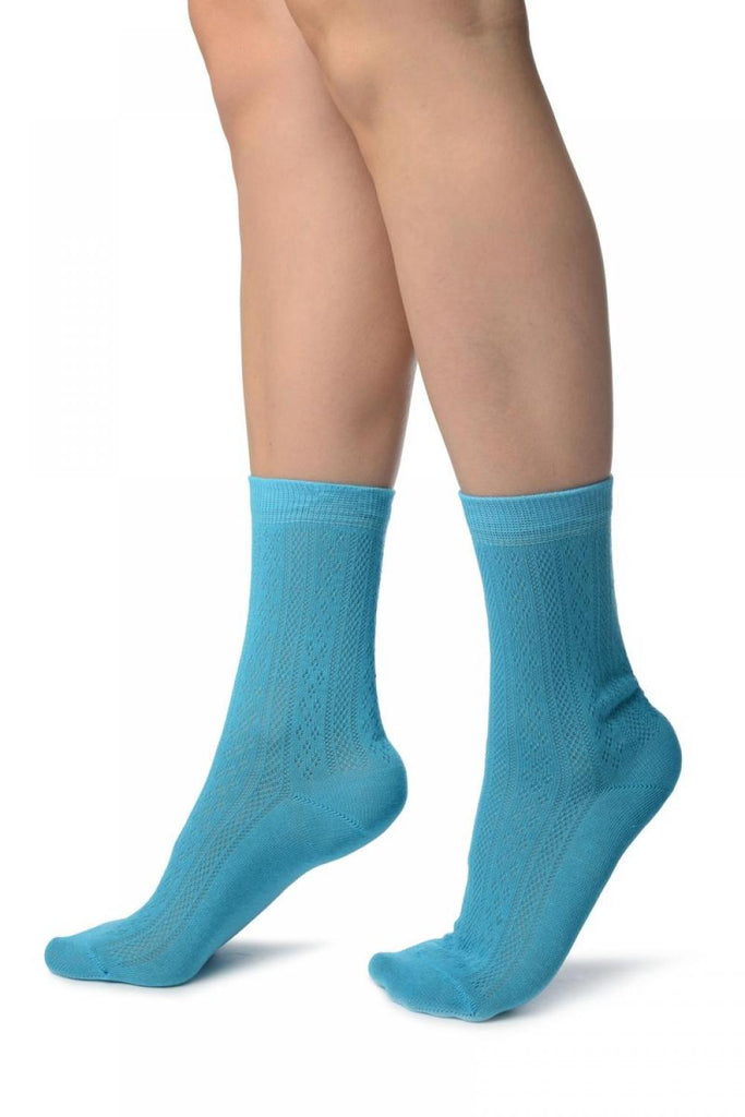 Liss Kiss Blue With Crocheted Stripes Ankle High Socks - Socks