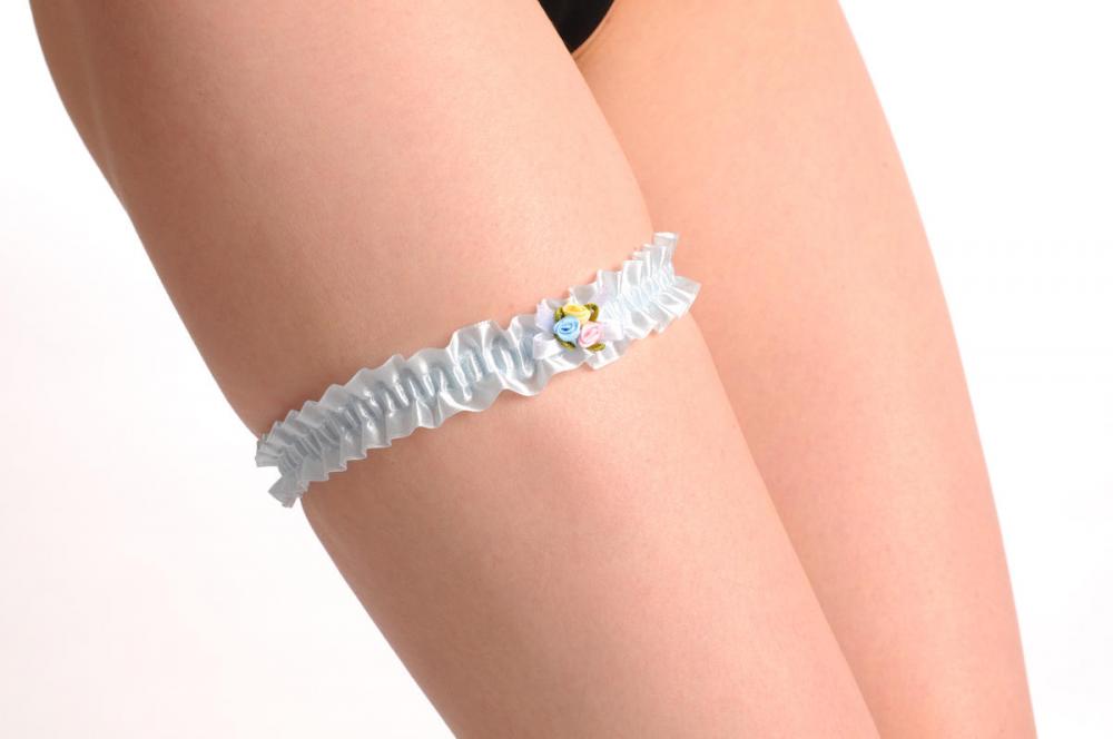 Liss Kiss Blue With Pink Blue & Yellow Satin Flowers & Bow - Garter