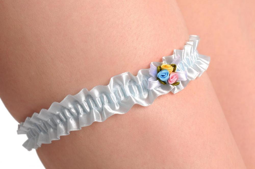 liss kiss Blue With Pink Blue & Yellow Satin Flowers & Bow - Garter