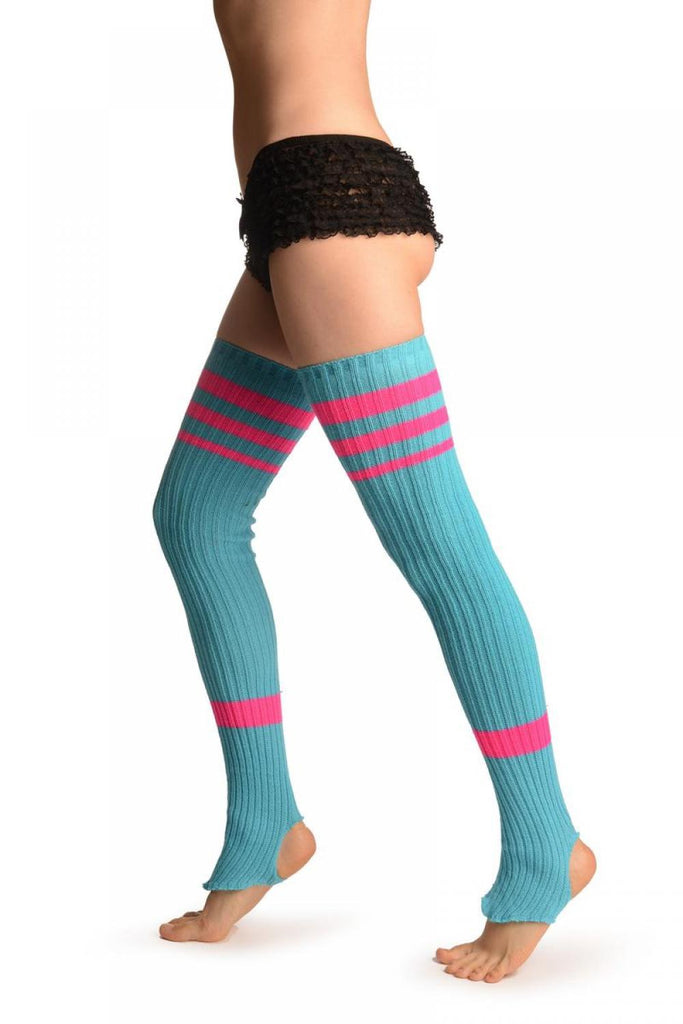 liss kiss Blue With Pink Referee Stripes Stirrup Dance/Ballet Leg Warmers - Leg Warmers