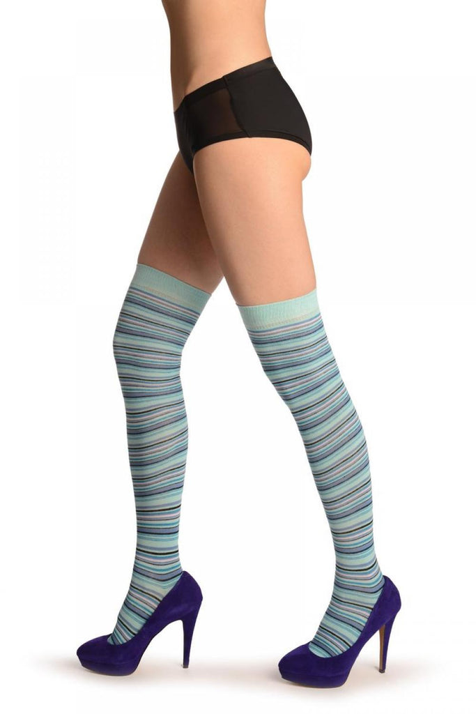 Liss Kiss Blue With Purple & Black Thing Stripes - Over The Knee Socks