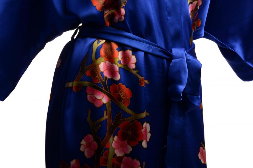 Liss Kiss Blue With Sakura Bloom Luxurious Silk Dressing Gown (Robe) - Dressing Gown