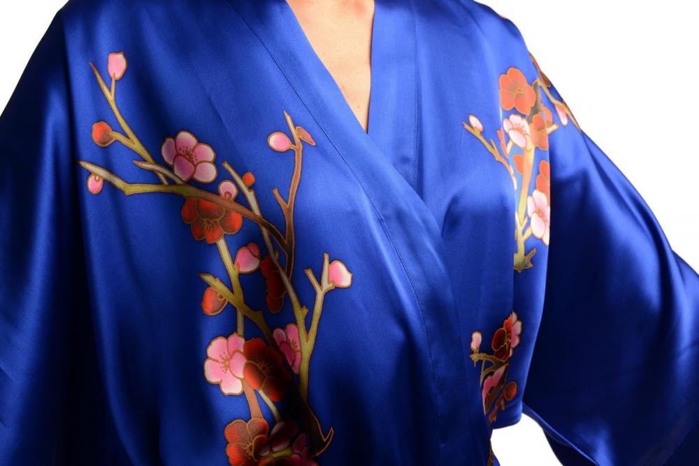 Liss Kiss Blue With Sakura Bloom Luxurious Silk Dressing Gown (Robe) - Dressing Gown