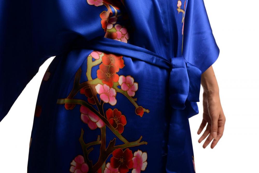 Liss Kiss Blue With Sakura Bloom Luxurious Silk Dressing Gown (Robe) - Dressing Gown