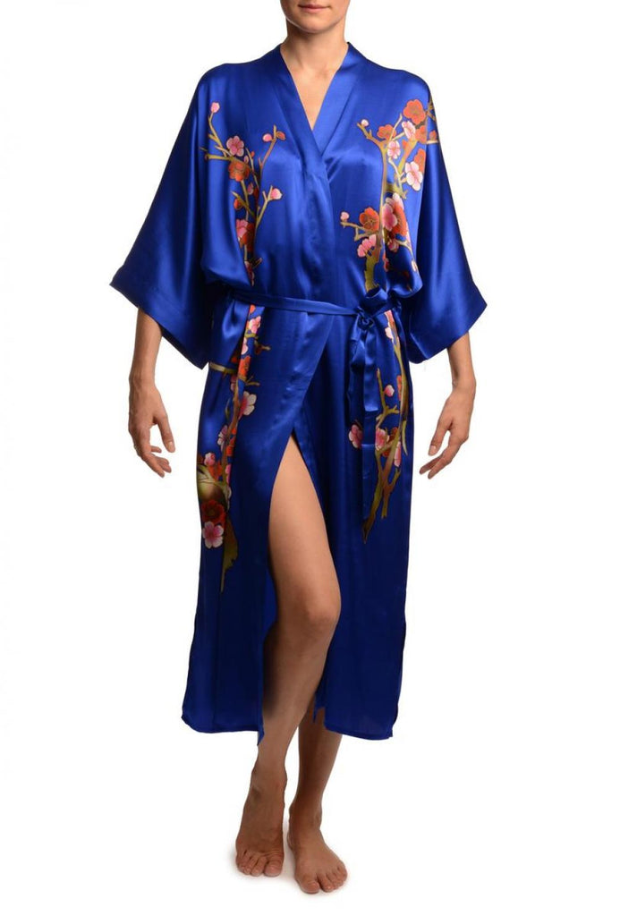 Liss Kiss Blue With Sakura Bloom Luxurious Silk Dressing Gown (Robe) - Dressing Gown