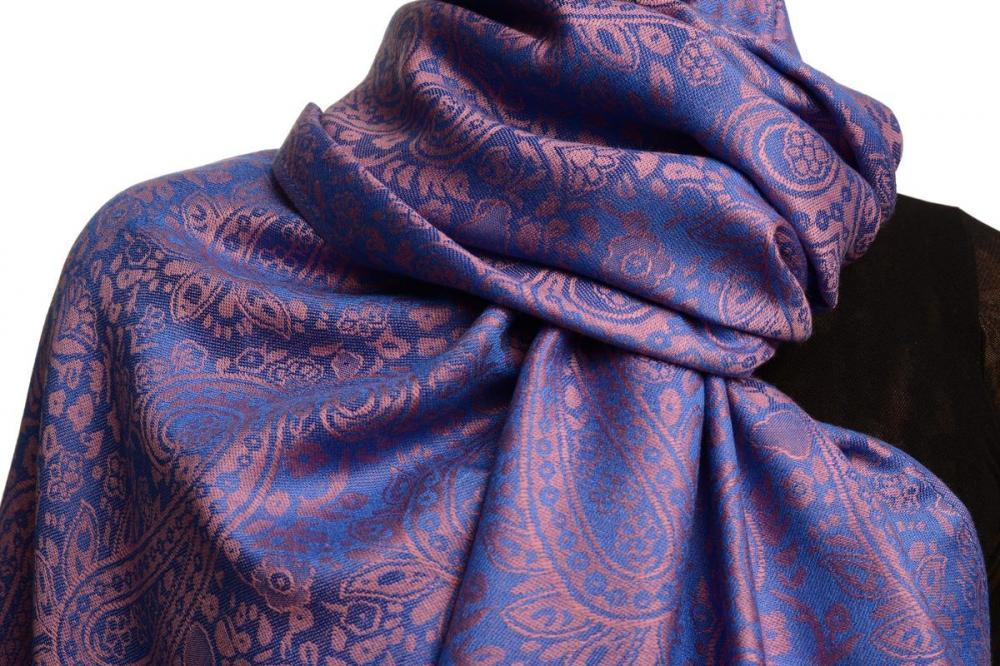 Liss Kiss Bright Blue & Pink Paisleys Pashmina Feel With Tassels - Scarf