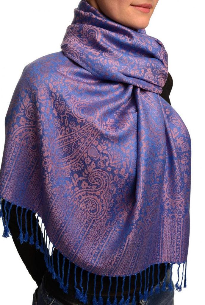 Liss Kiss Bright Blue & Pink Paisleys Pashmina Feel With Tassels - Scarf