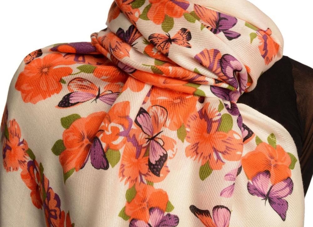 Liss Kiss Bright Orange Butterflies & Flowers On White Pashmina Feel With Tassels - Scarf