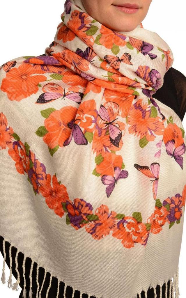 Liss Kiss Bright Orange Butterflies & Flowers On White Pashmina Feel With Tassels - Scarf