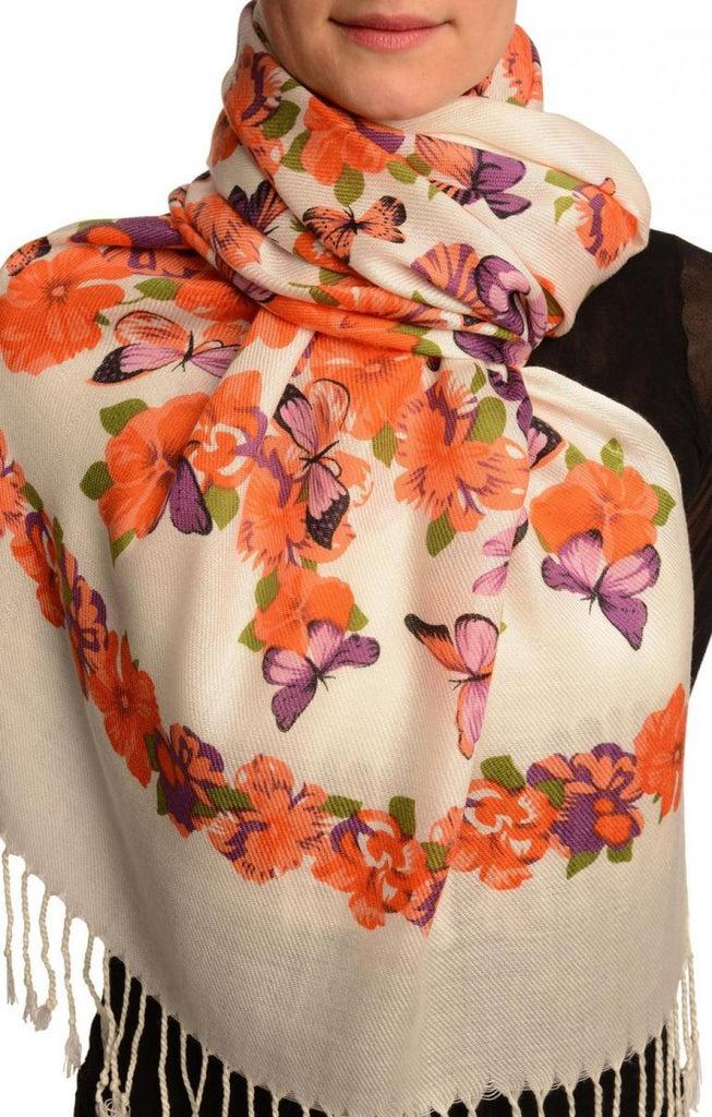 liss kiss Bright Orange Butterflies & Flowers On White Pashmina Feel With Tassels - Scarf