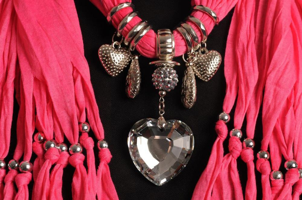 Liss Kiss Bright Pink Jewellery Scarf With Crystal Heart & Beads - Scarf