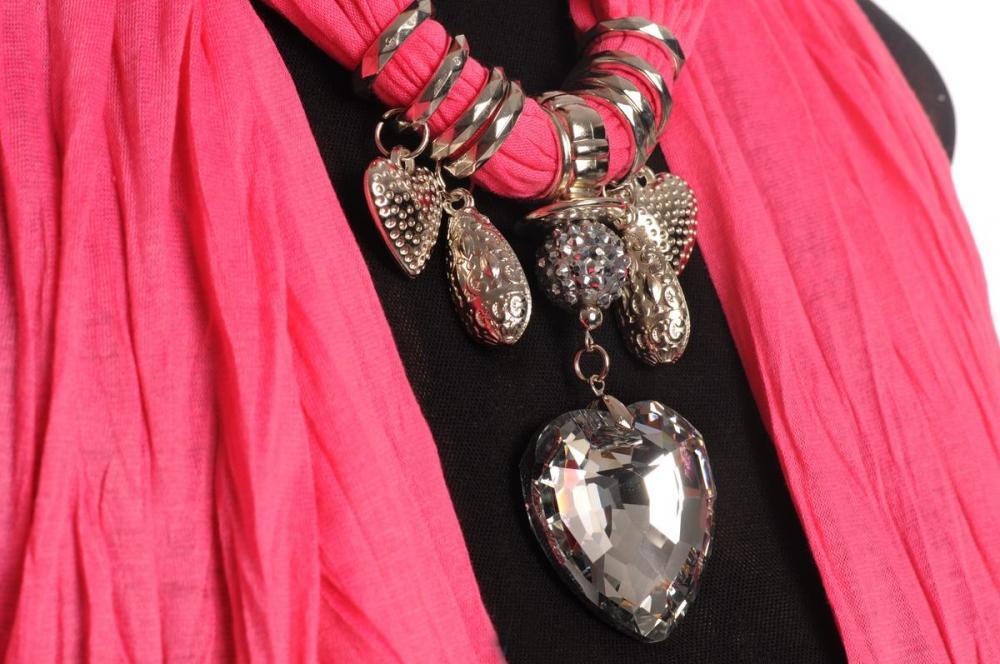 Liss Kiss Bright Pink Jewellery Scarf With Crystal Heart & Beads - Scarf