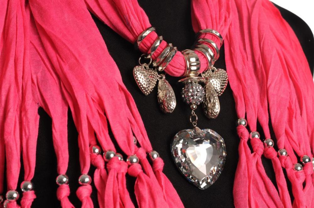 Liss Kiss Bright Pink Jewellery Scarf With Crystal Heart & Beads - Scarf