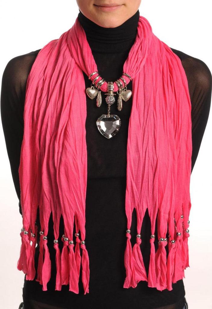 liss kiss Bright Pink Jewellery Scarf With Crystal Heart & Beads - Scarf