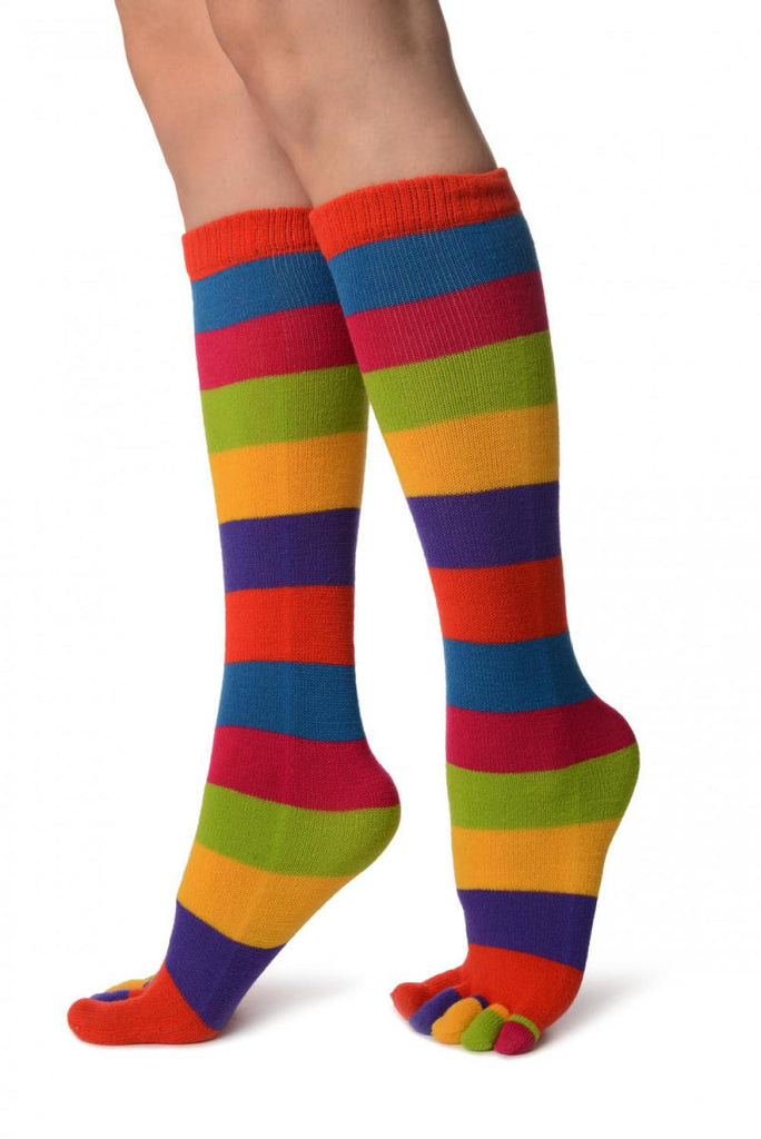 Liss Kiss Bright Rainbow Stripes Knee High Toe Socks - Socks