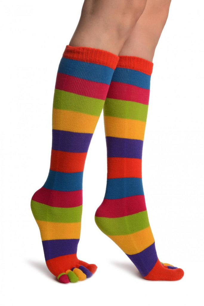 Liss Kiss Bright Rainbow Stripes Knee High Toe Socks - Socks