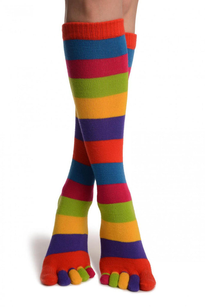 Liss Kiss Bright Rainbow Stripes Knee High Toe Socks - Socks