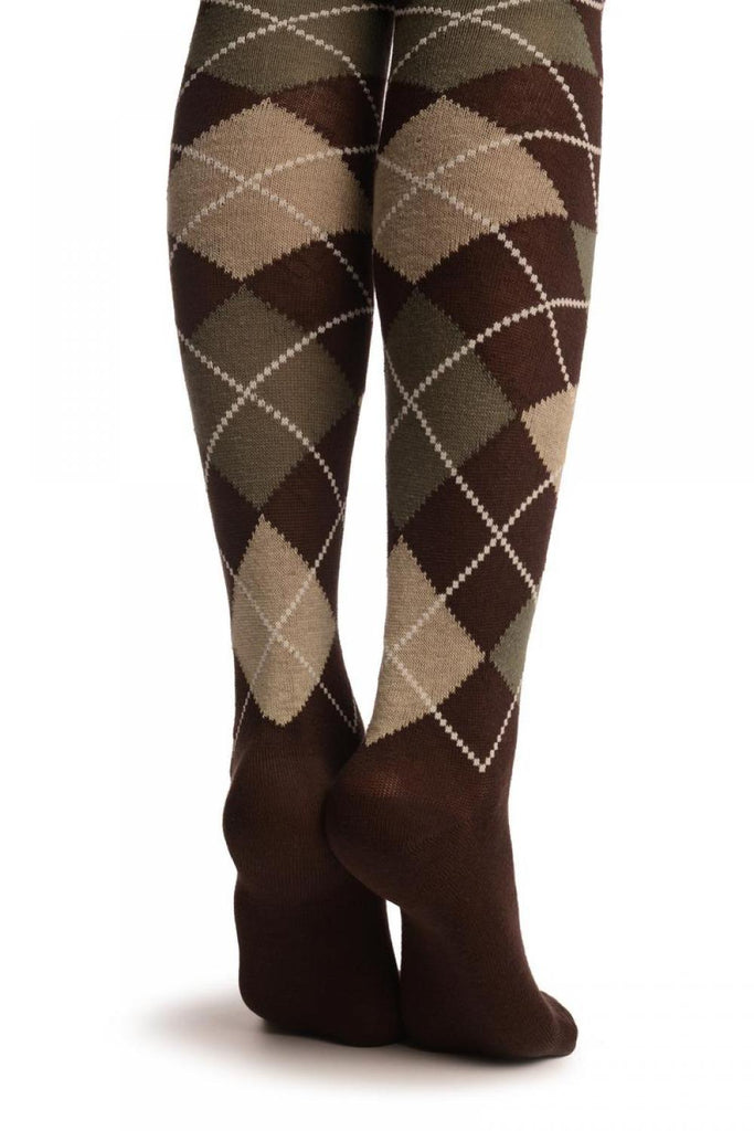 Liss Kiss Brown Army Green & Beige Argyle - Over The Knee Socks