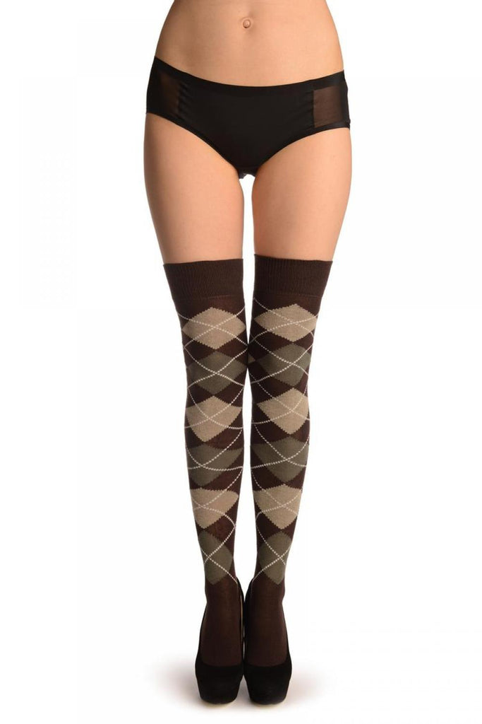 Liss Kiss Brown Army Green & Beige Argyle - Over The Knee Socks