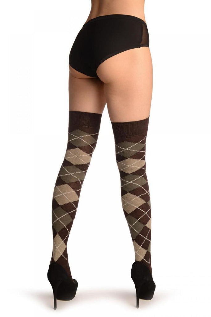 Liss Kiss Brown Army Green & Beige Argyle - Over The Knee Socks