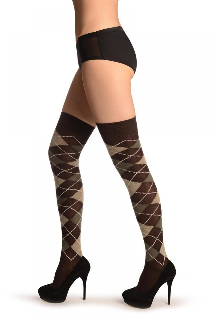liss kiss Brown Army Green & Beige Argyle - Over The Knee Socks