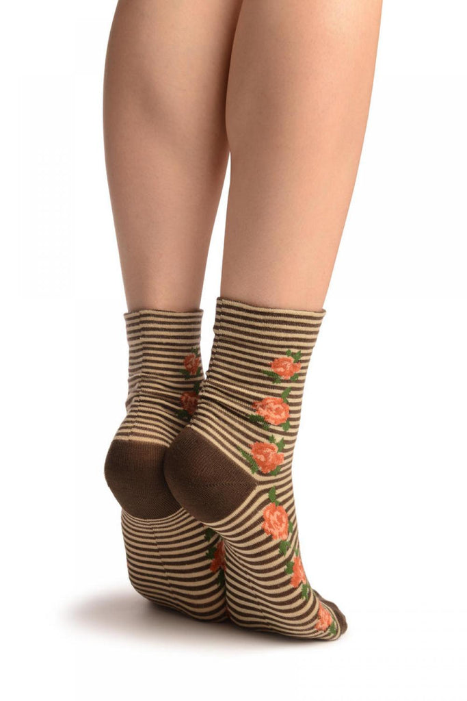 Liss Kiss Brown & Beige Stripes & Roses With Comfort Top Ankle High Socks - Socks