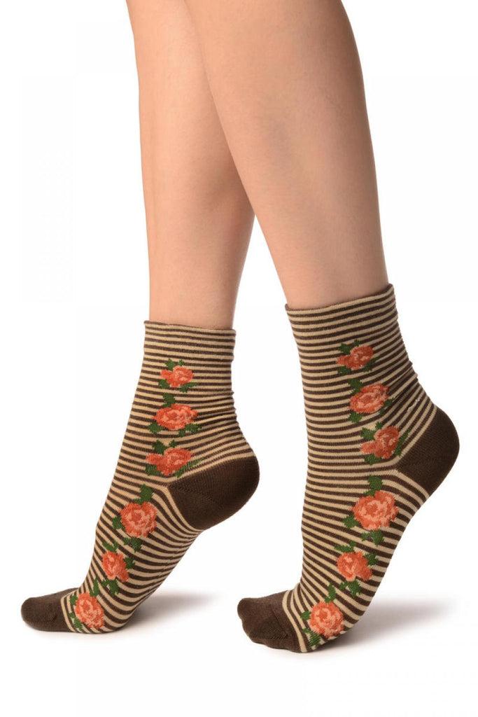 Liss Kiss Brown & Beige Stripes & Roses With Comfort Top Ankle High Socks - Socks