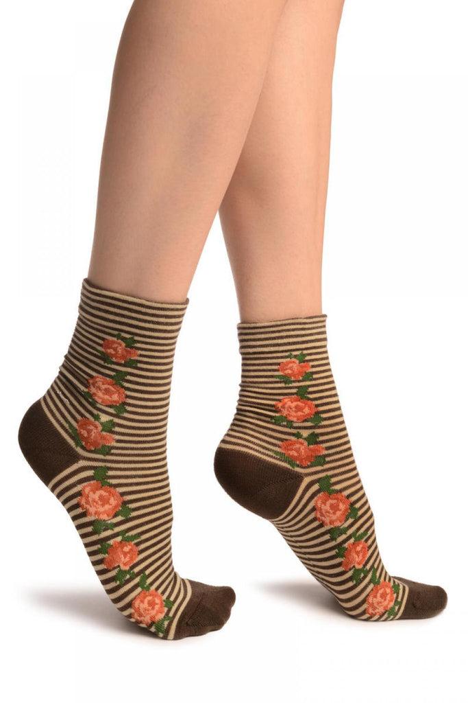 liss kiss Brown & Beige Stripes & Roses With Comfort Top Ankle High Socks - Socks