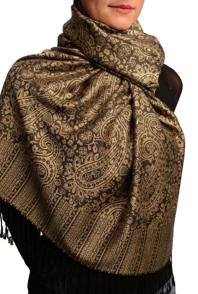 Liss Kiss Brown & Black Paisleys Pashmina Feel With Tassels - Scarf