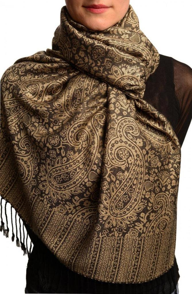 Liss Kiss Brown & Black Paisleys Pashmina Feel With Tassels - Scarf