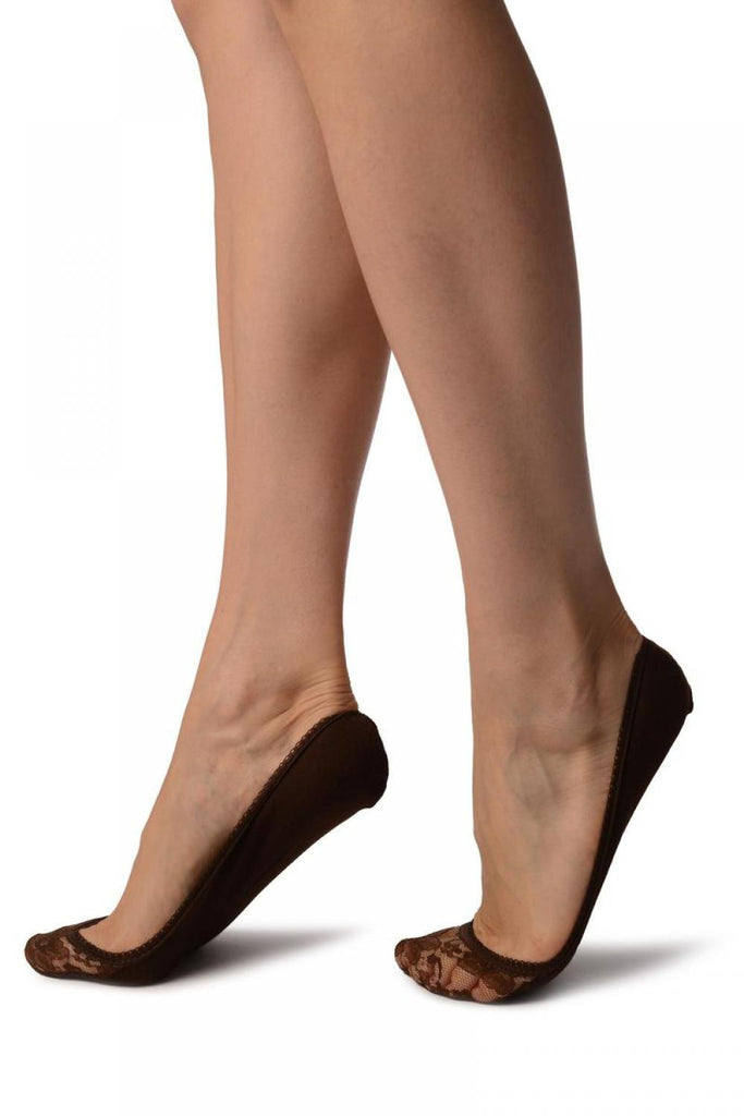 Liss Kiss Brown Cotton With Floral Lace Front Footies - Footsies Socks