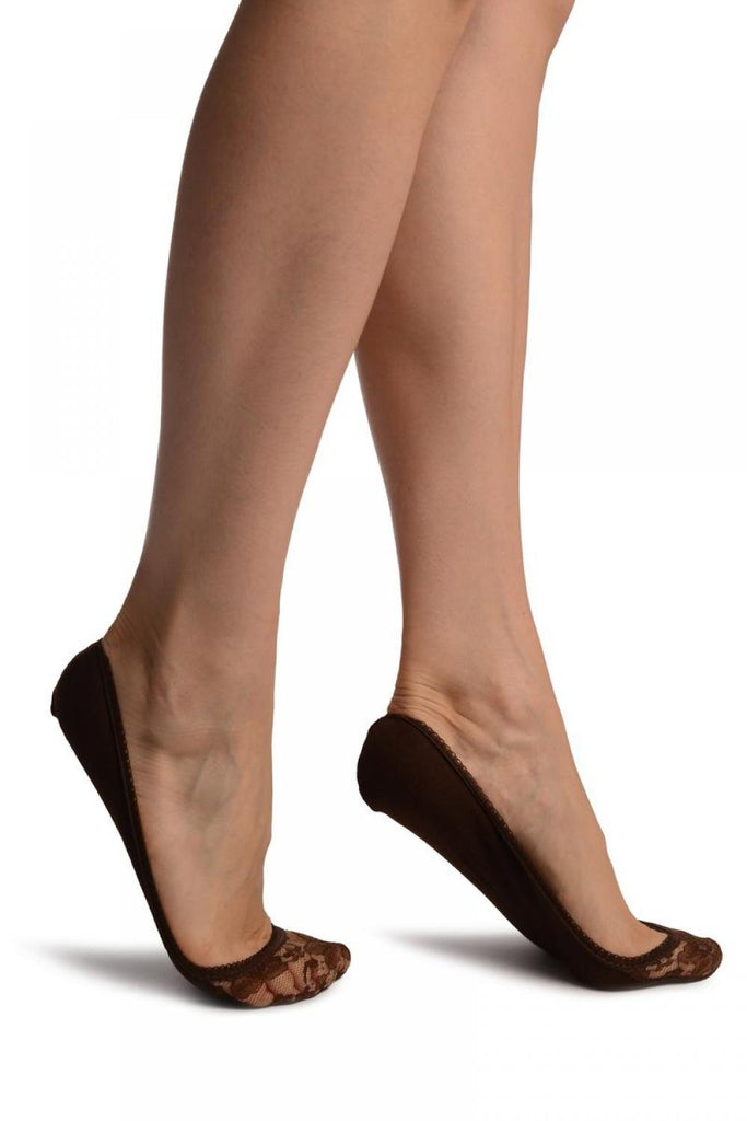liss kiss Brown Cotton With Floral Lace Front Footies - Footsies Socks
