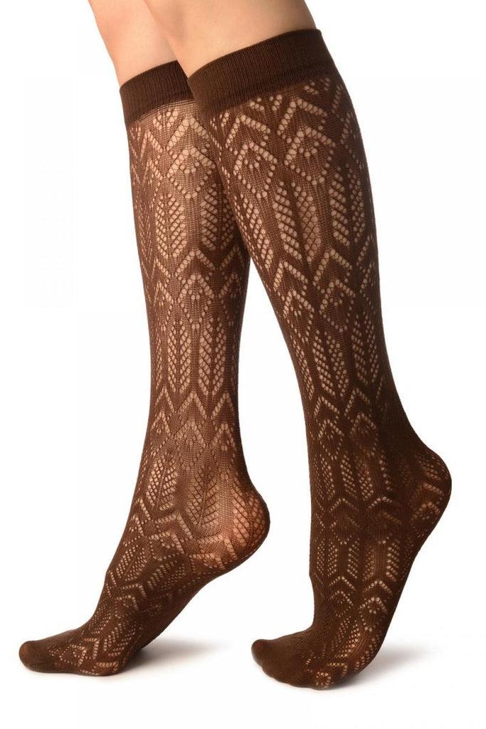Liss Kiss Brown Crochet Rhomb & Plait Socks Knee High - Socks