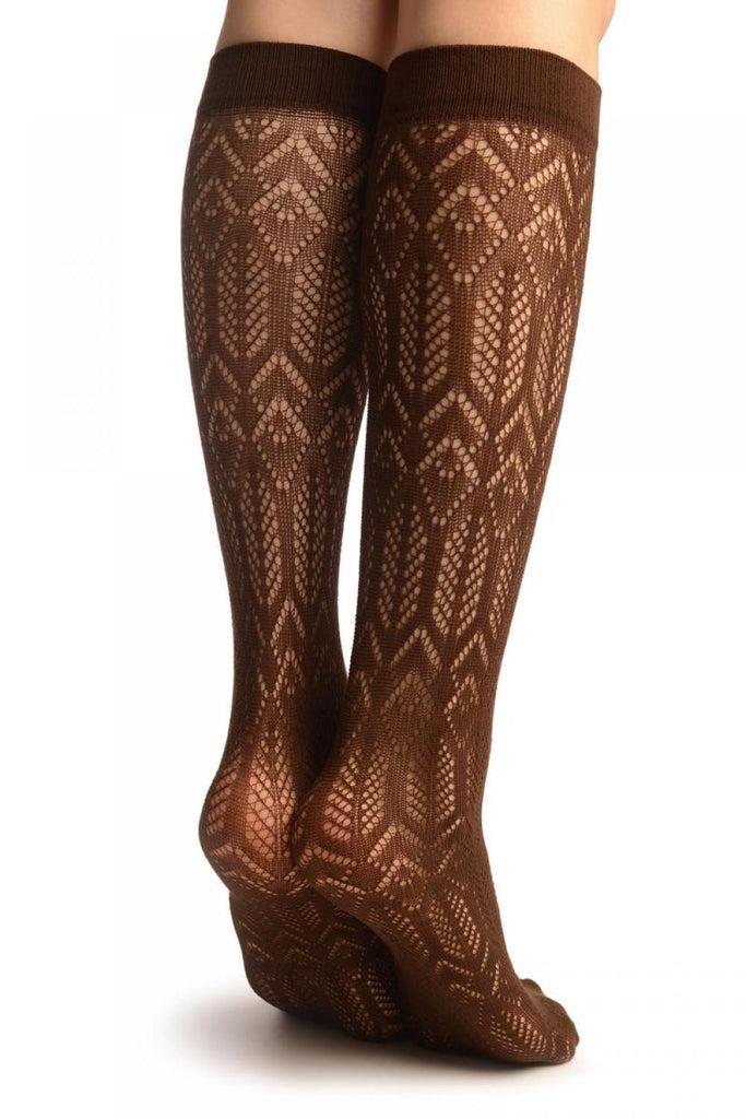 Liss Kiss Brown Crochet Rhomb & Plait Socks Knee High - Socks