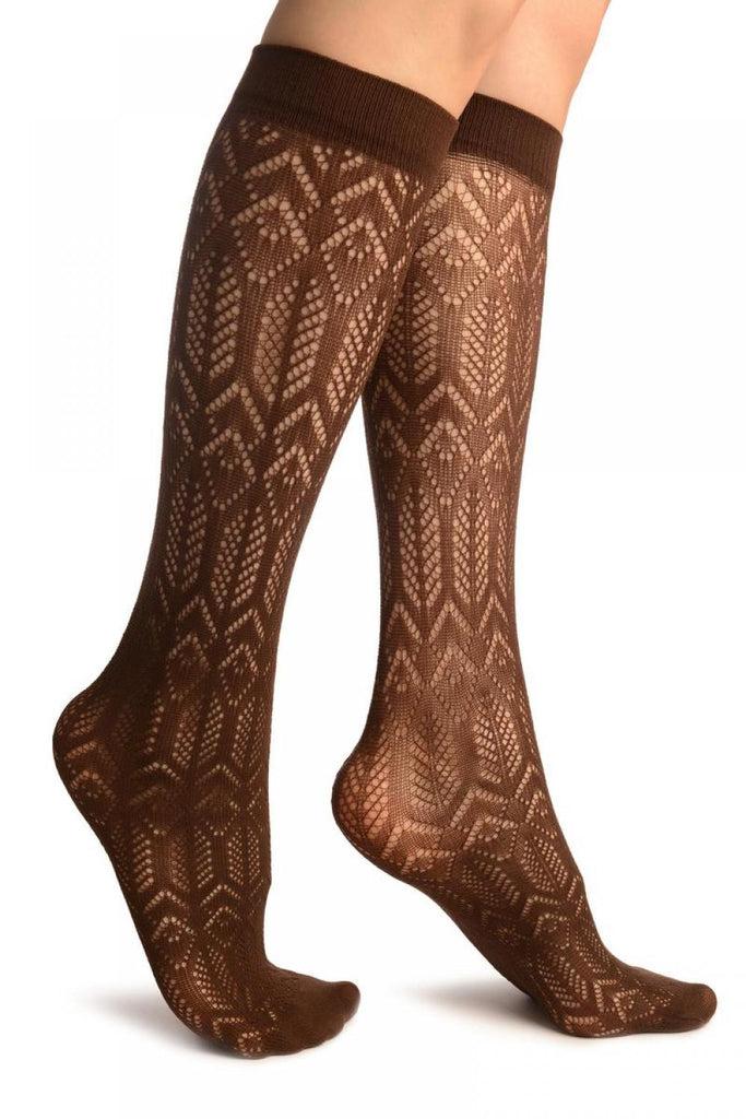 liss kiss Brown Crochet Rhomb & Plait Socks Knee High - Socks