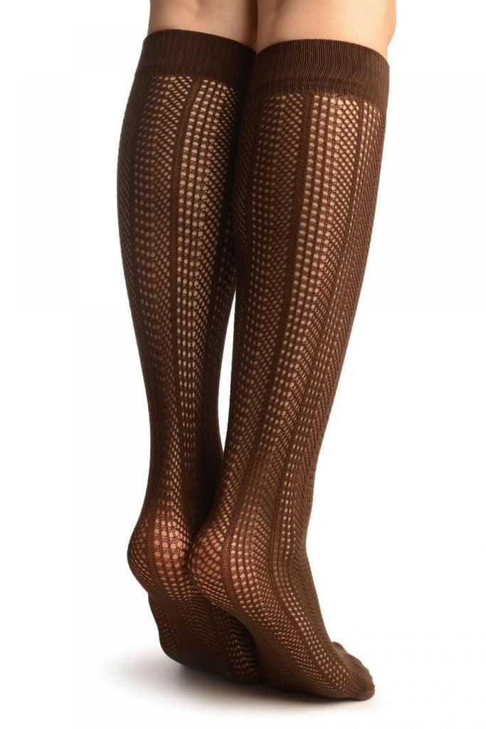 Liss Kiss Brown Crochet Stripes Socks Knee High - Socks