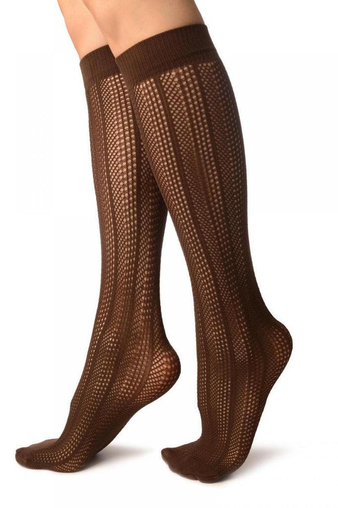 Liss Kiss Brown Crochet Stripes Socks Knee High - Socks
