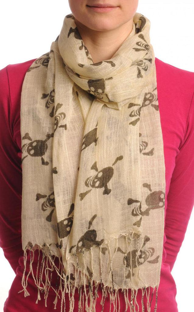 Liss Kiss Brown Crossbones On Beige With Tassels - Scarf
