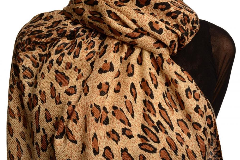 Liss Kiss Brown Diagonal Leopard On Beige Pashmina Feel With Tassels - Scarf
