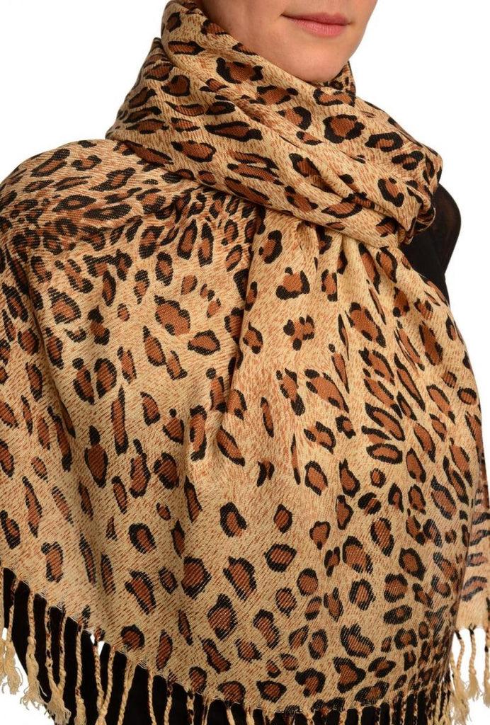 Liss Kiss Brown Diagonal Leopard On Beige Pashmina Feel With Tassels - Scarf