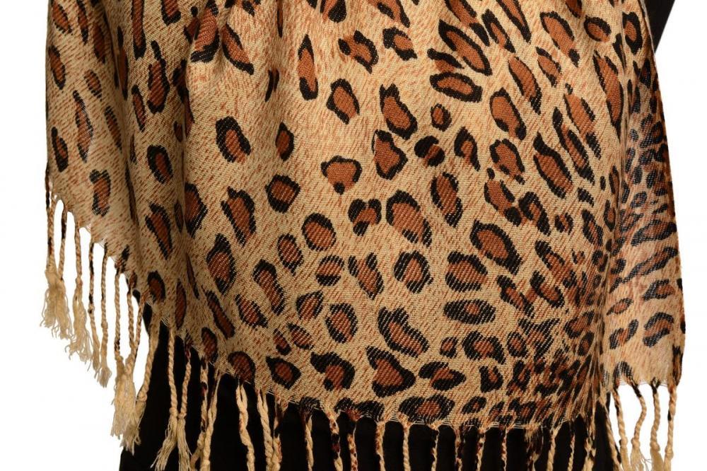 Liss Kiss Brown Diagonal Leopard On Beige Pashmina Feel With Tassels - Scarf